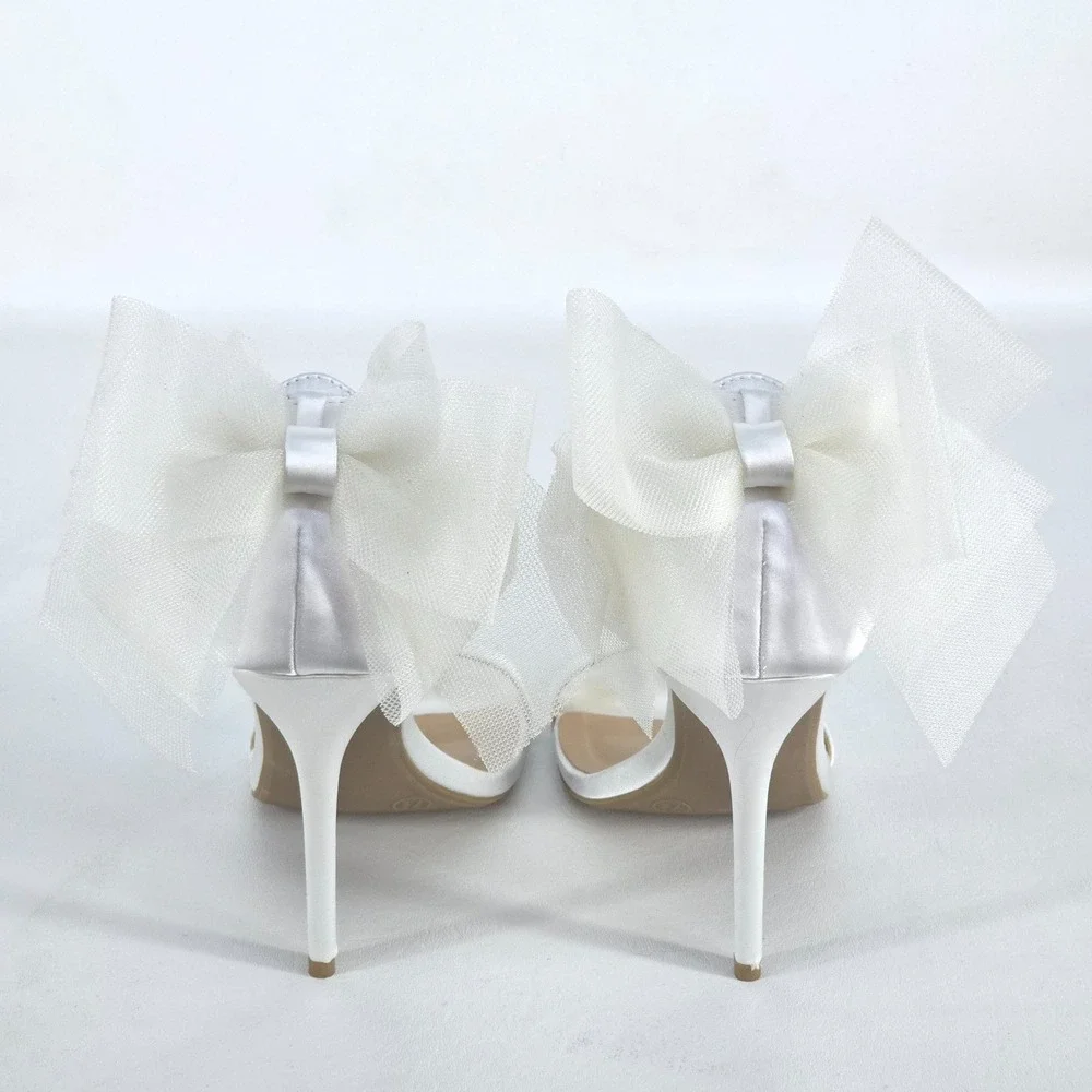 Lulu's Ayanna Satin Bow Ankle Strap Heels Womens 7.5 White Sandals Wedding Shoes